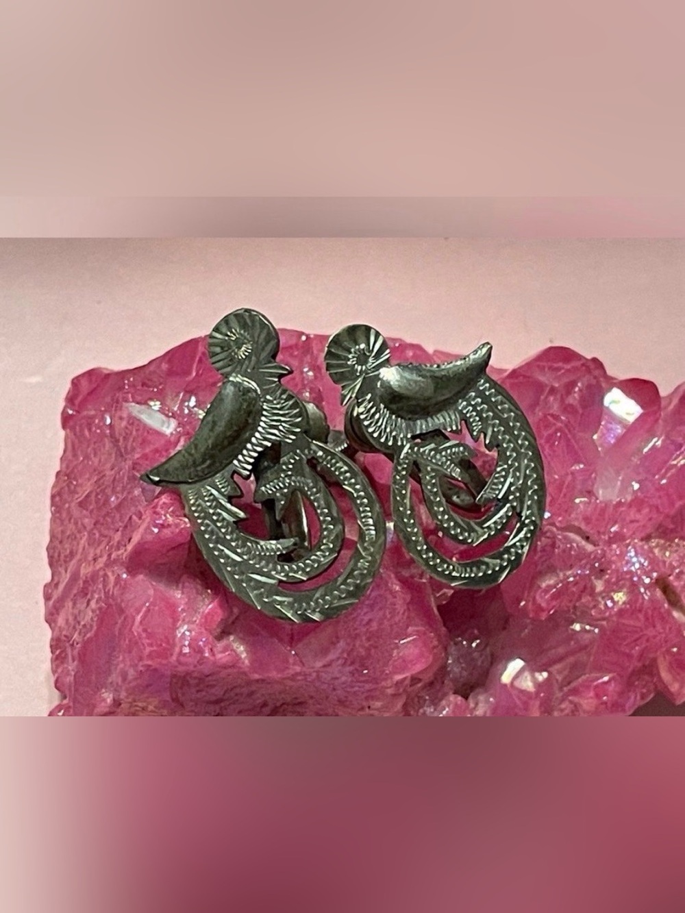 Sterling Silver Quetzal Earrings Curled Tail Birds #7251